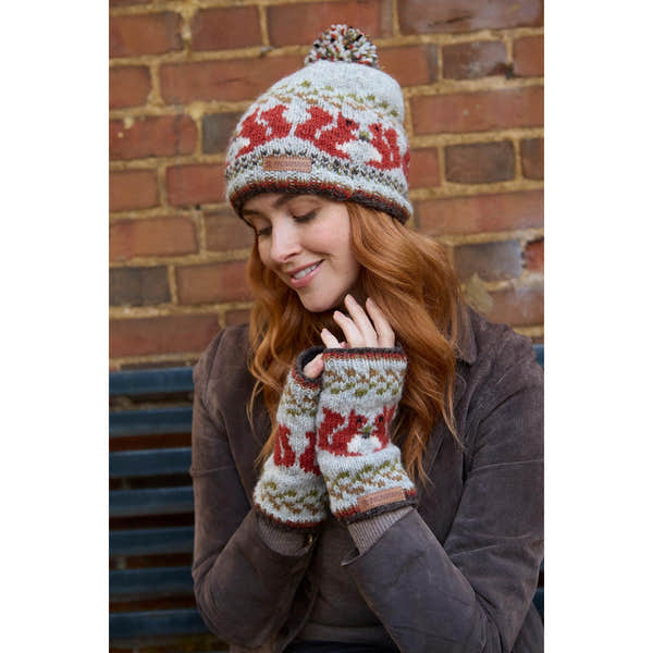 Pachamama Squirrel Bobble Beanie, with contrasting squirrel motifs; product view 3.