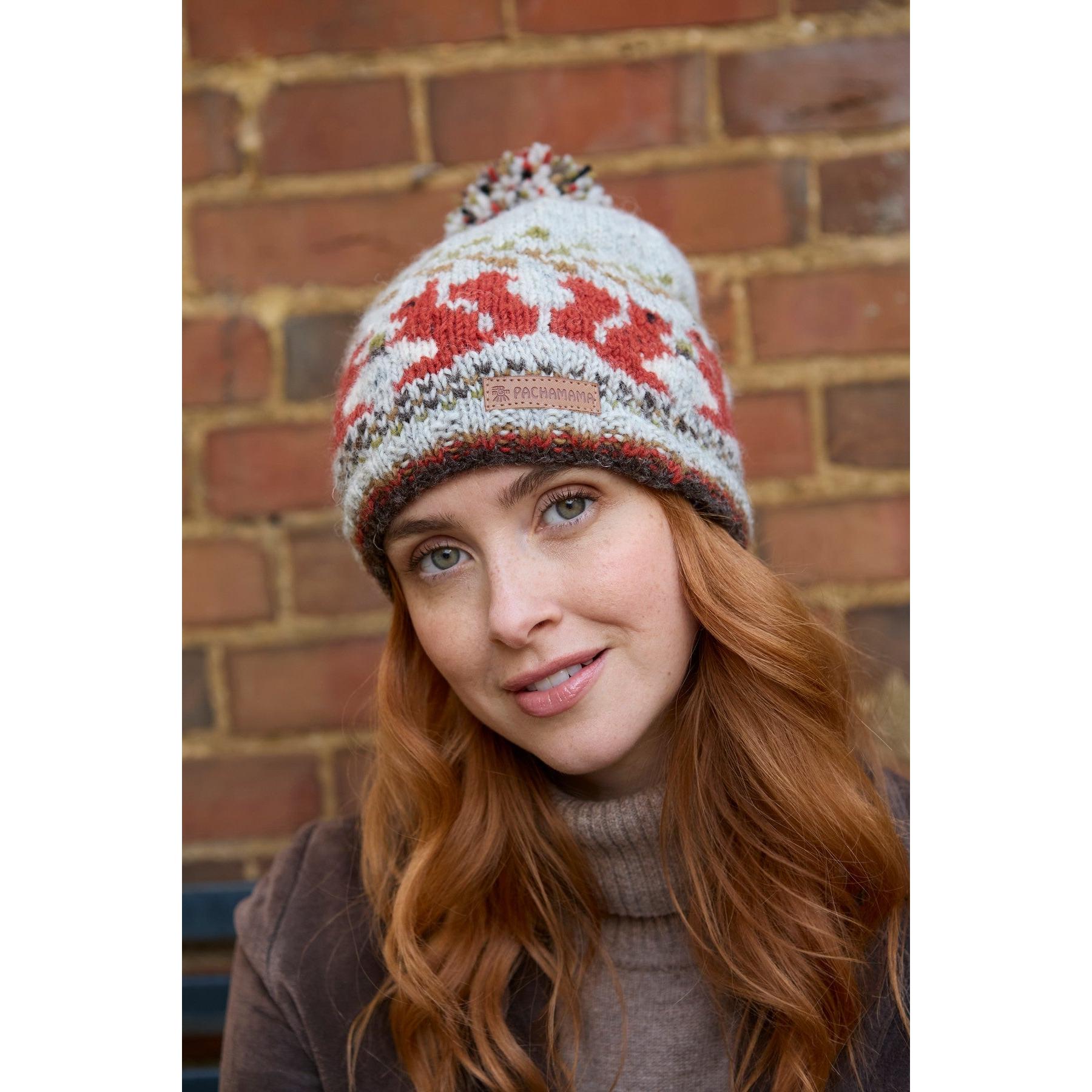 Pachamama Squirrel Bobble Beanie, with contrasting squirrel motifs; product view 4.