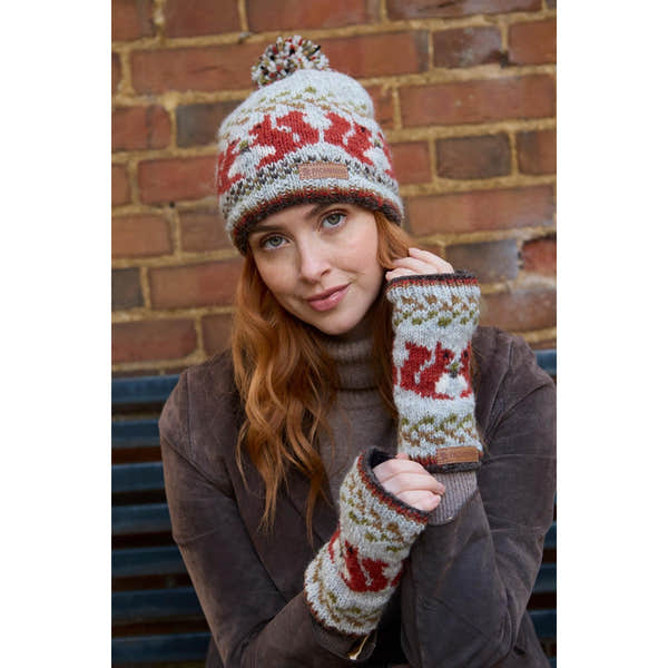 Pachamama Squirrel Bobble Beanie, with contrasting squirrel motifs; product view 5.