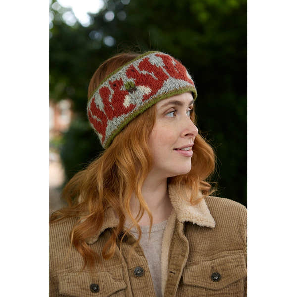 Pachamama Squirrel Headband, with contrasting squirrel motifs; product view.