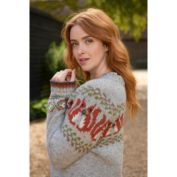 Pachamama Squirrel Sweater, with contrasting squirrel motifs; product view.