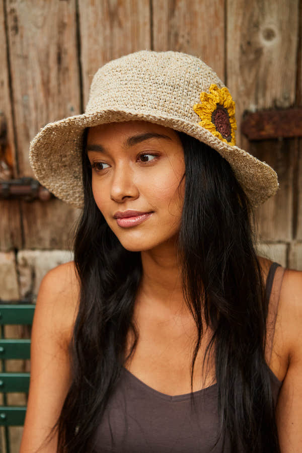 Pachamama Sunflower Hemp/Cotton Hat, crocheted cotton and hemp hat; product view 2.