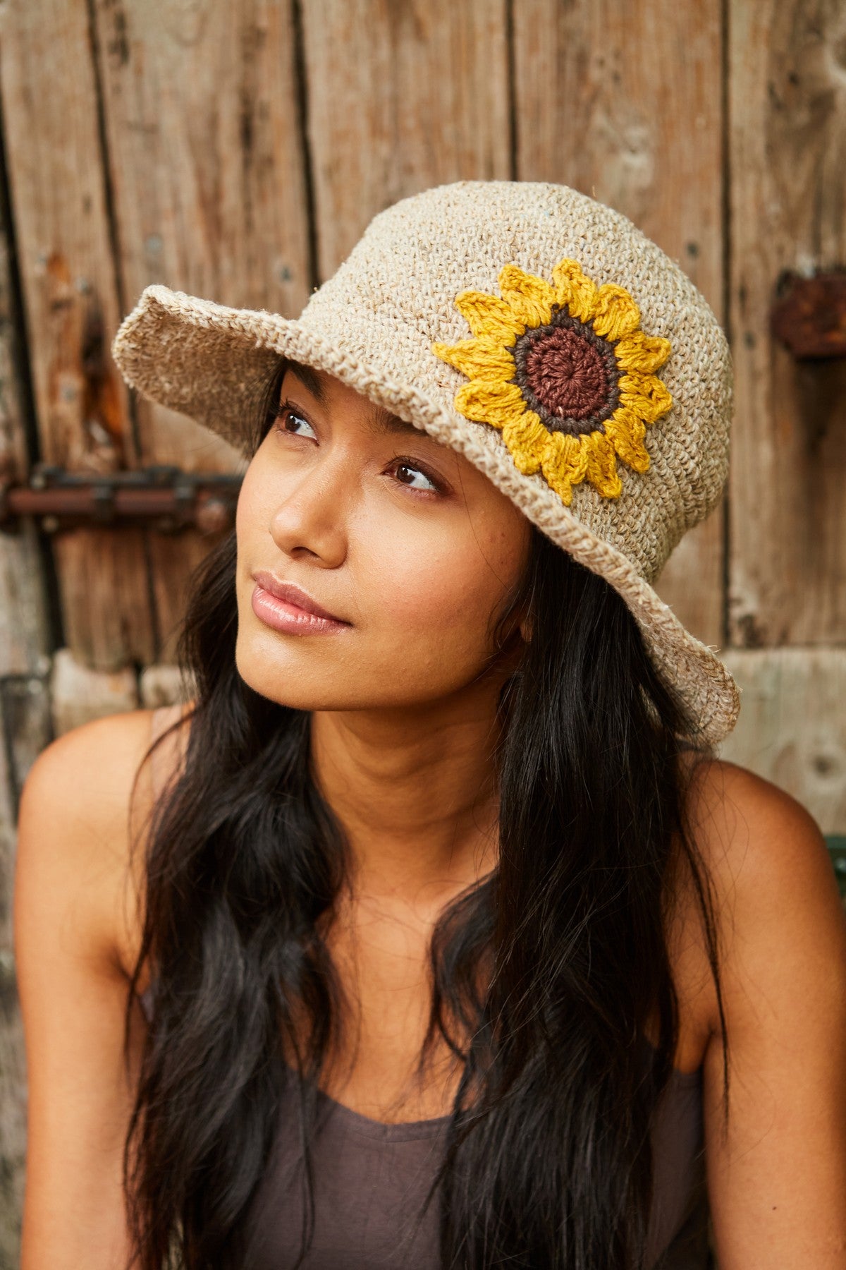 Pachamama Sunflower Hemp/Cotton Hat, crocheted cotton and hemp hat; product view 3.