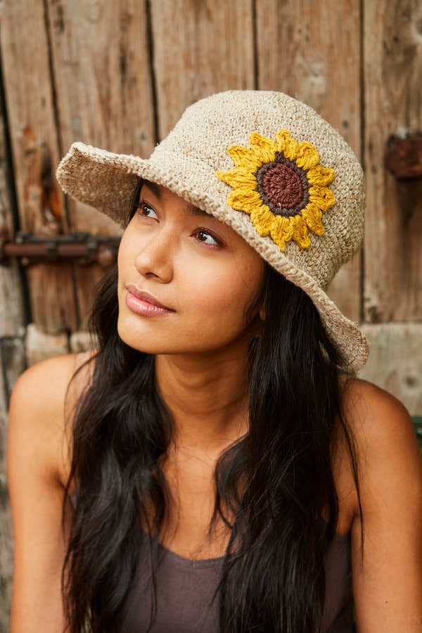 Pachamama Sunflower Hemp/Cotton Hat, crocheted cotton and hemp hat; product view 3.