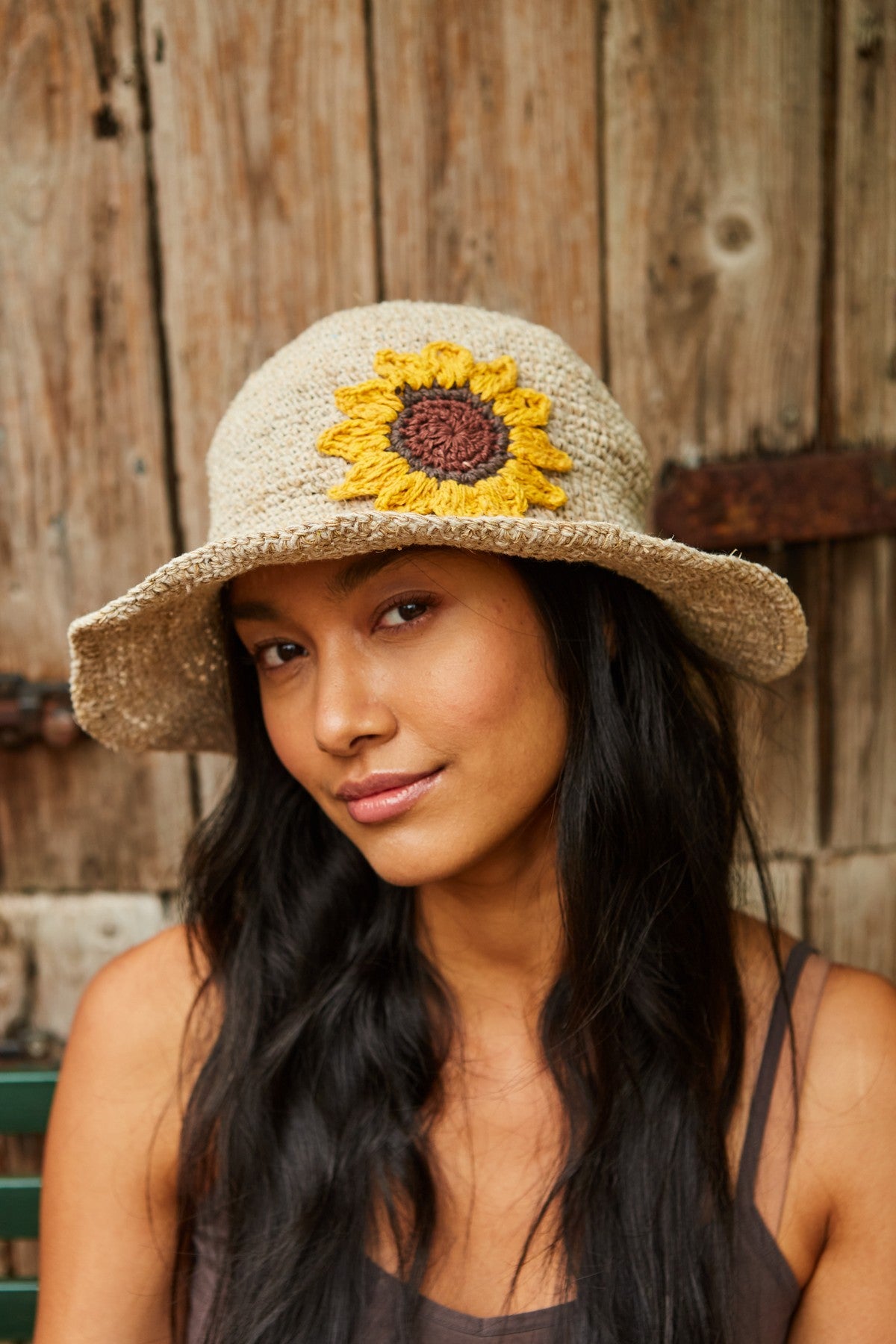 Pachamama Sunflower Hemp/Cotton Hat, crocheted cotton and hemp hat; product view.