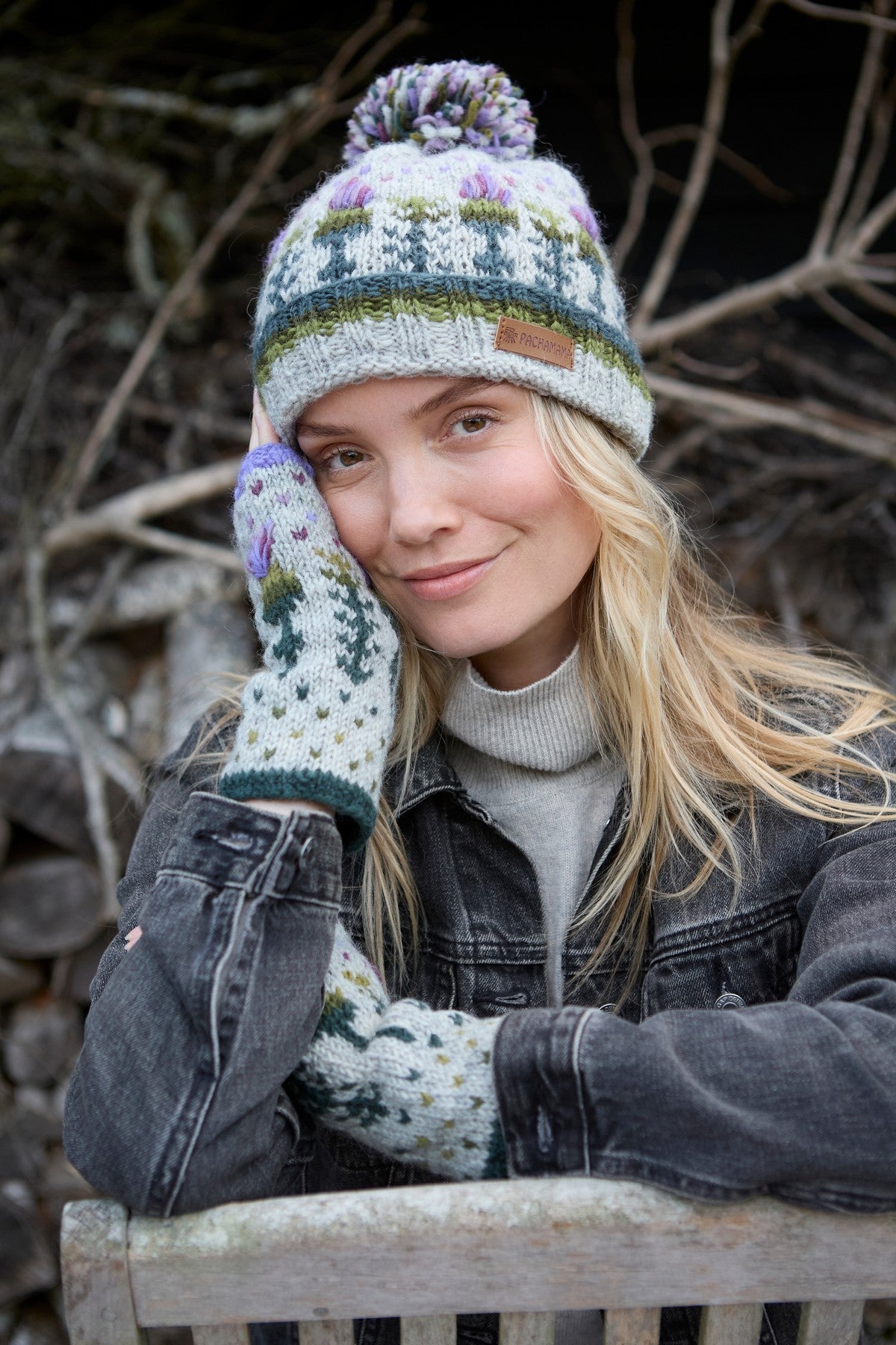 Pachamama Thistle Handwarmer, with embroidered purple thistles; product view 2.