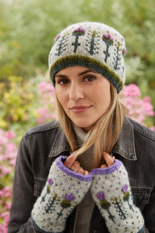 Pachamama Thistle Handwarmer, with embroidered purple thistles; product view 3.