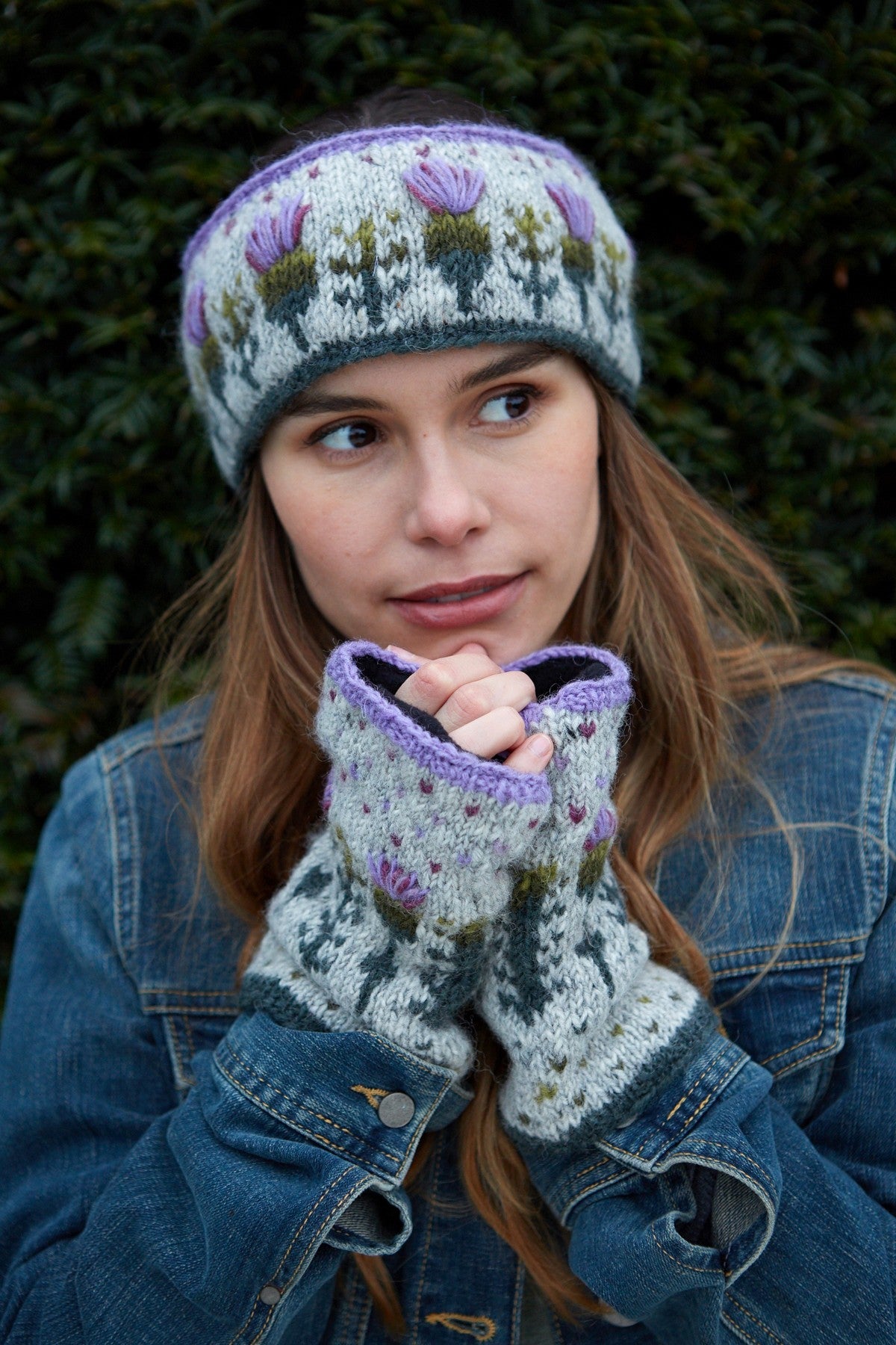Pachamama Thistle Handwarmer, with embroidered purple thistles; product view 4.