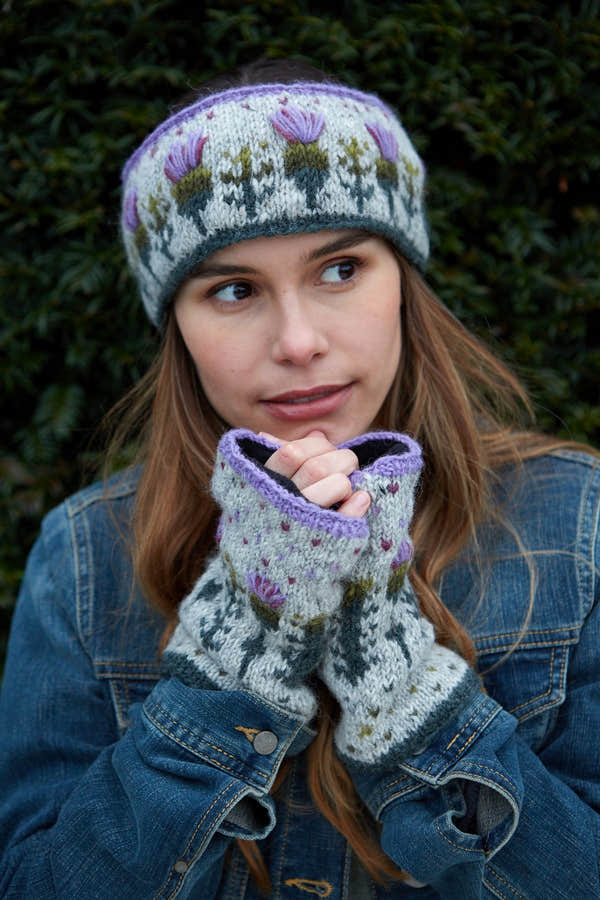 Pachamama Thistle Handwarmer, with embroidered purple thistles; product view 4.