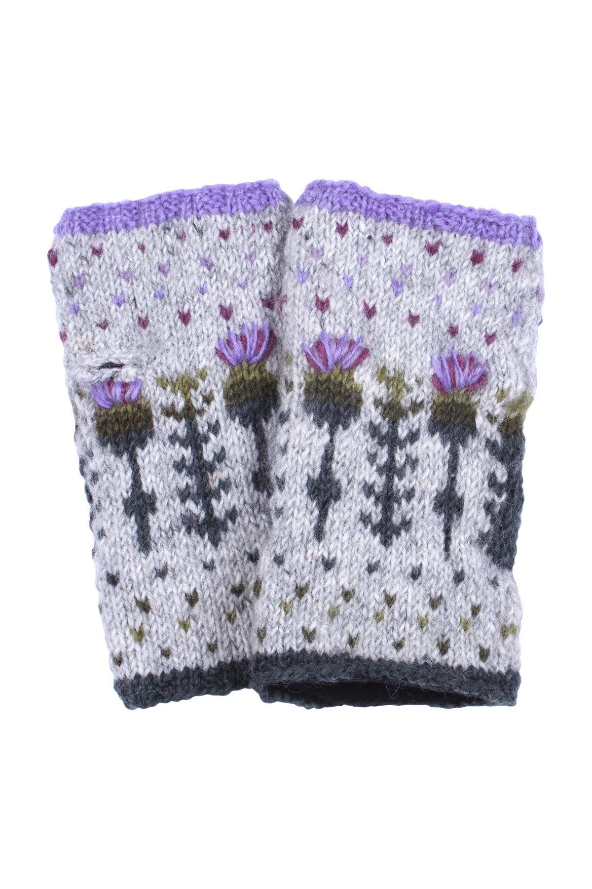 Pachamama Thistle Handwarmer, with embroidered purple thistles; product view 5.