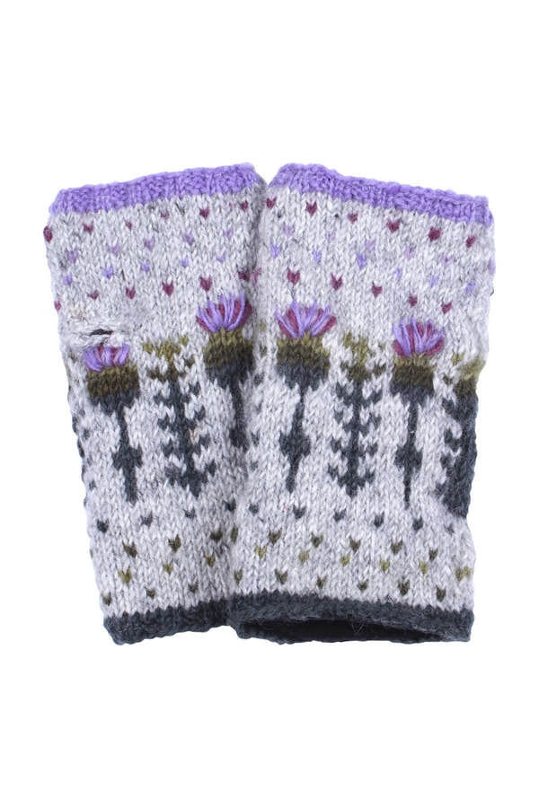 Pachamama Thistle Handwarmer, with embroidered purple thistles; product view 5.