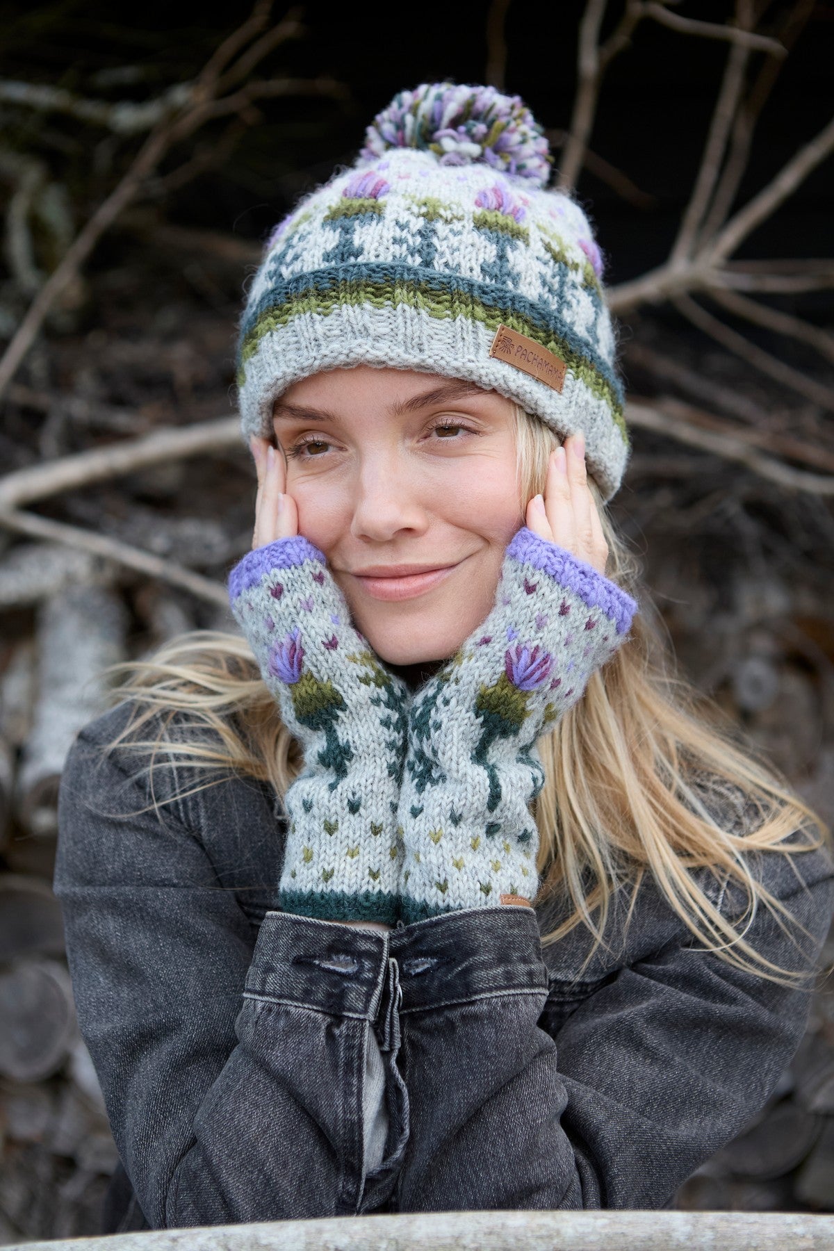 Pachamama Thistle Handwarmer, with embroidered purple thistles; product view 6.