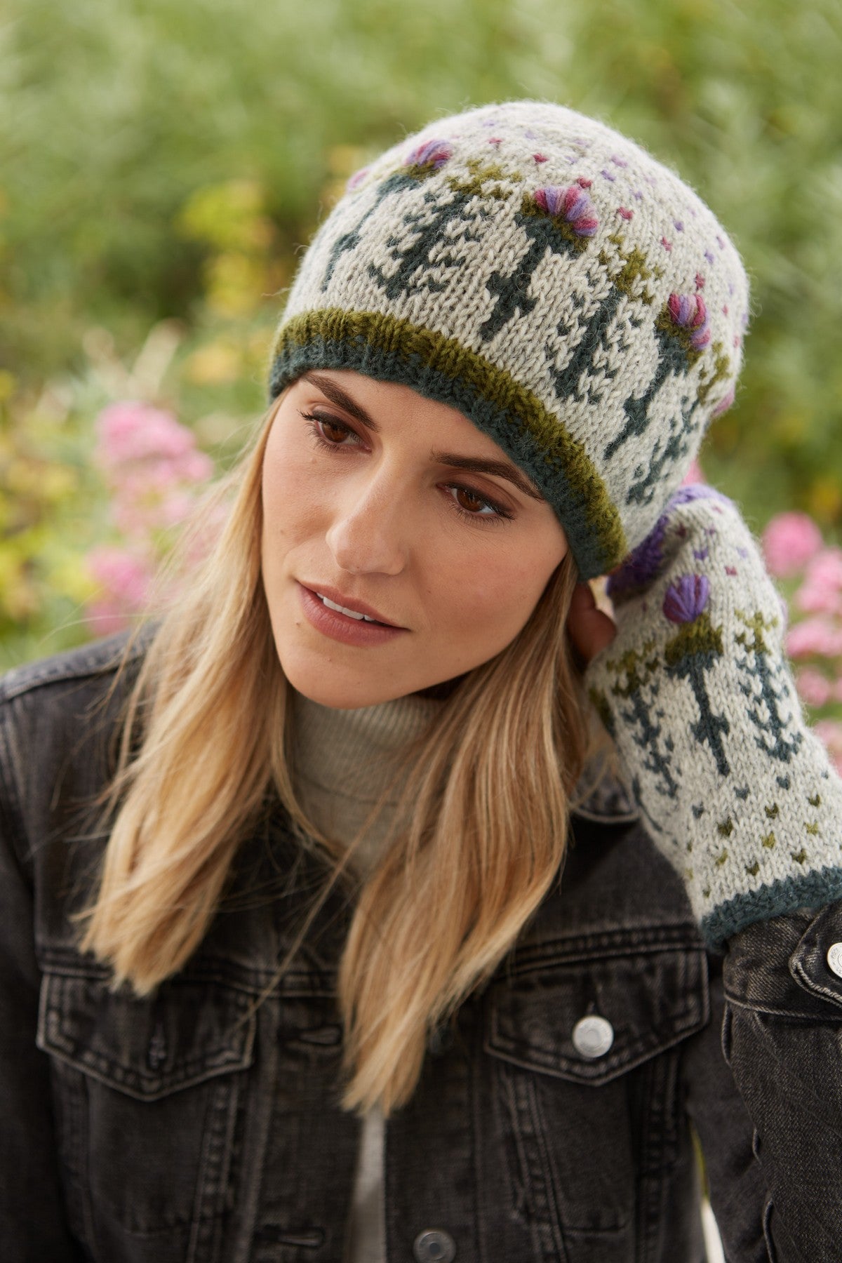 Pachamama Thistle Handwarmer, with embroidered purple thistles; product view 7.
