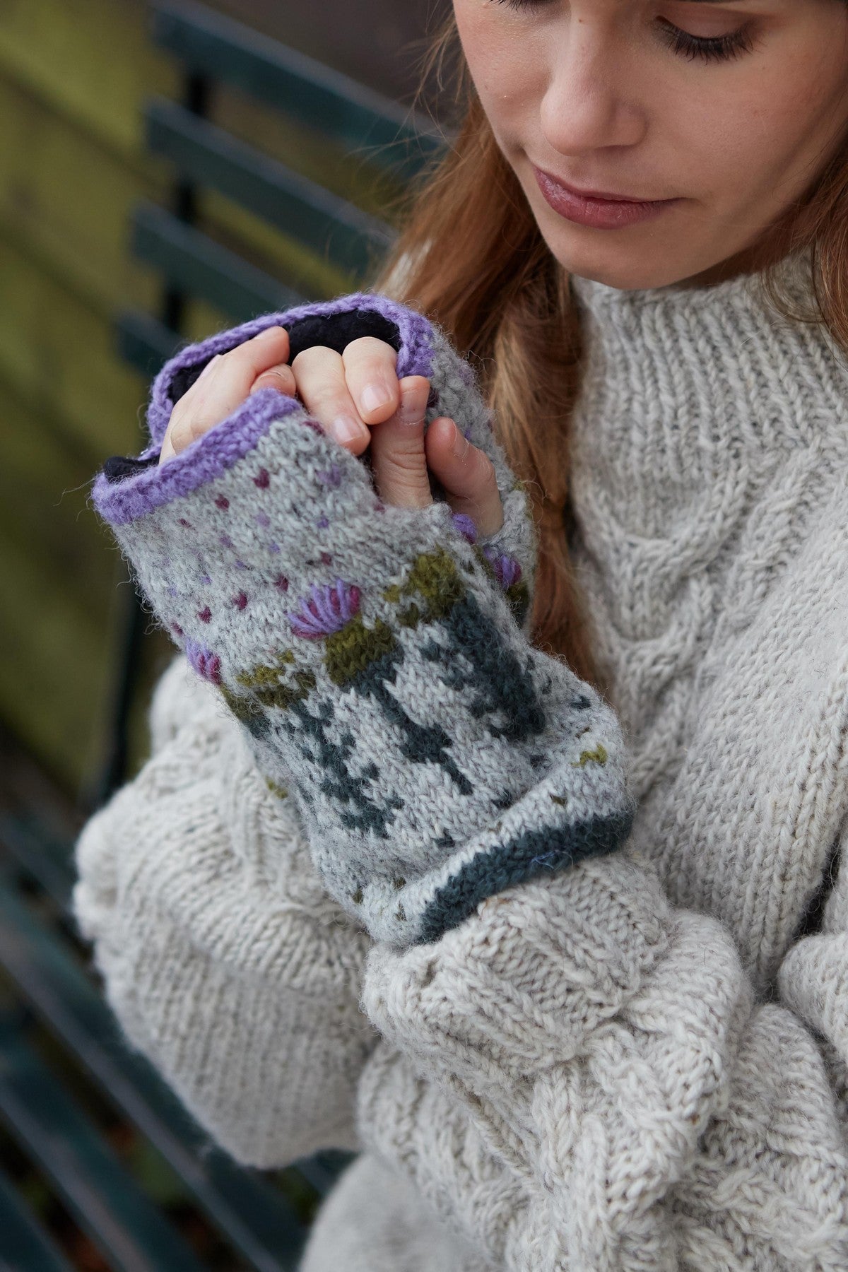 Pachamama Thistle Handwarmer, with embroidered purple thistles; product view 8.