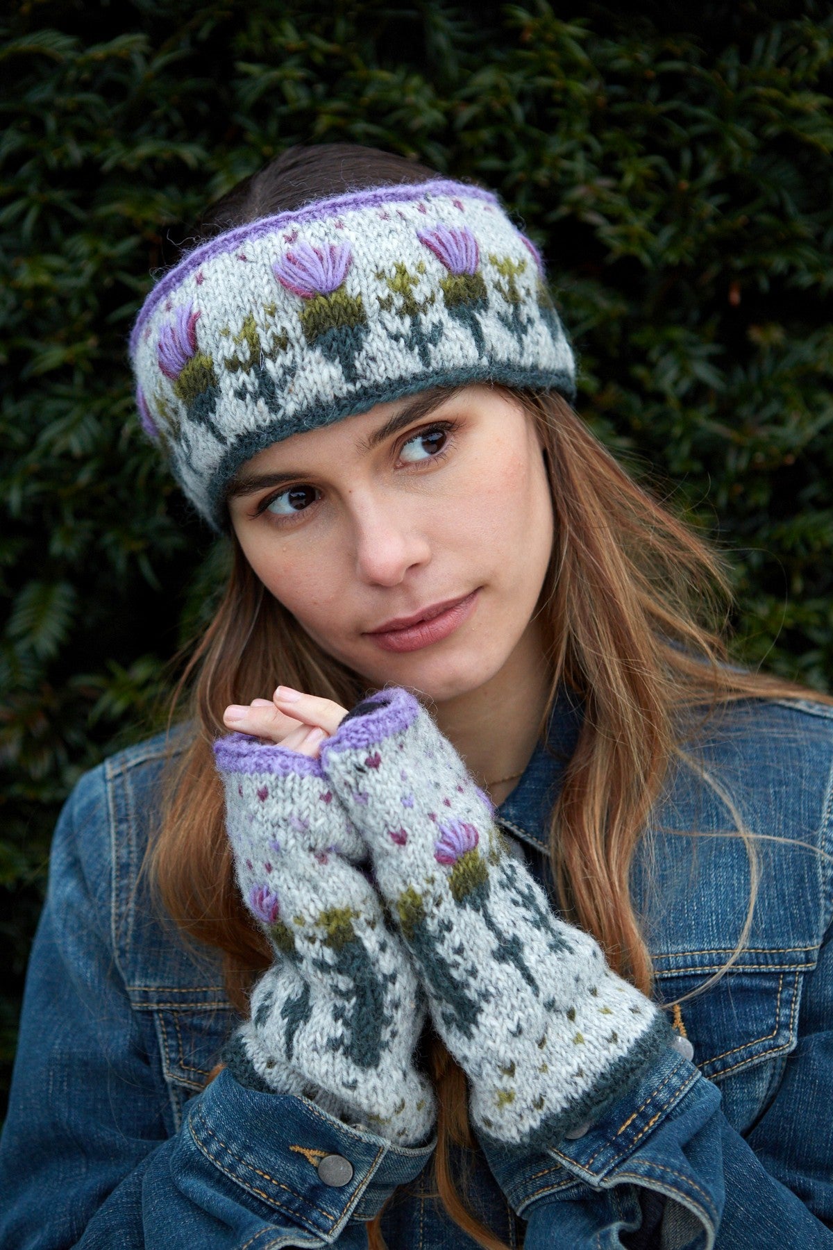 Pachamama Thistle Headband, with embroidered purple thistles; product view 2.
