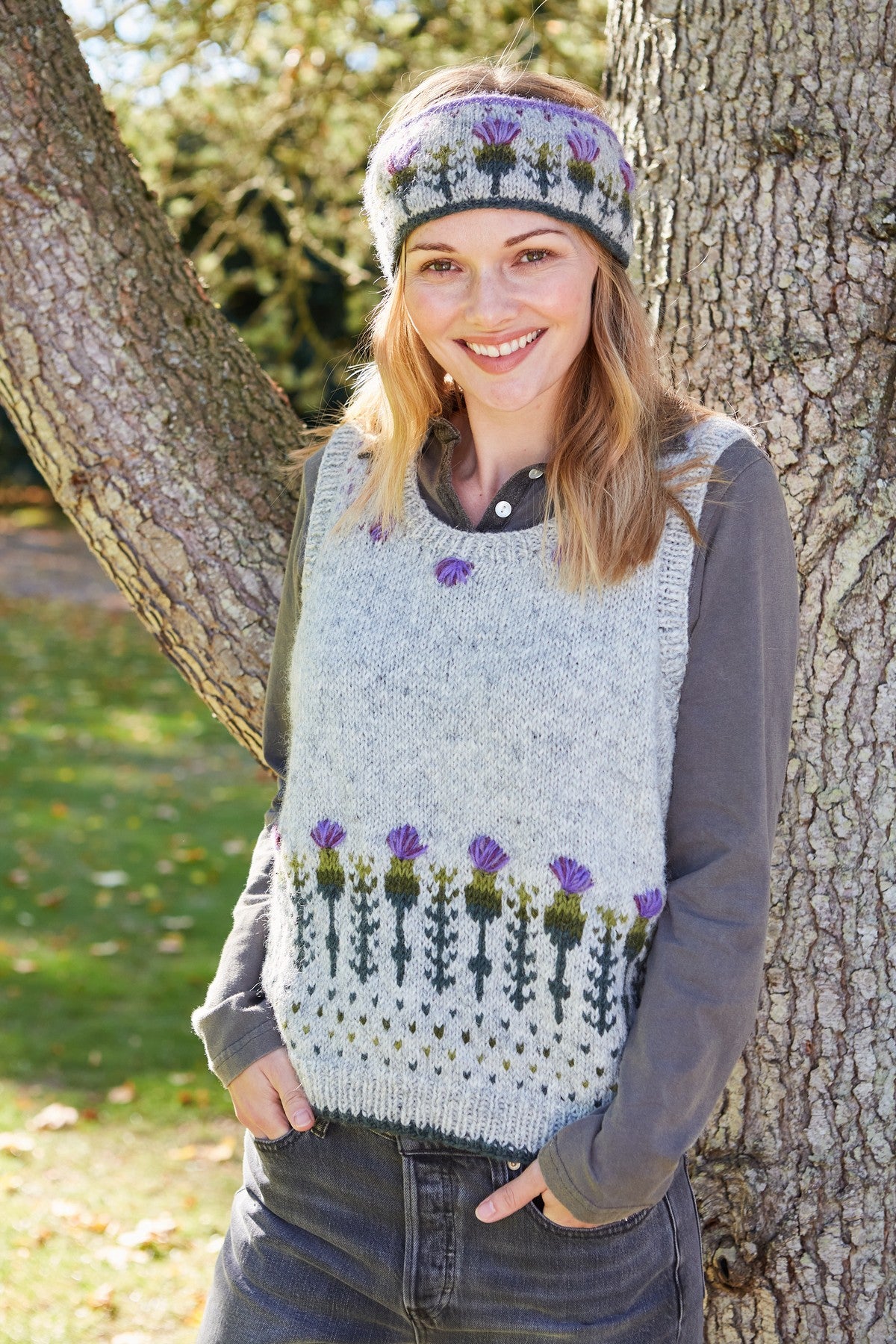 Pachamama Thistle Headband, with embroidered purple thistles; product view 3.