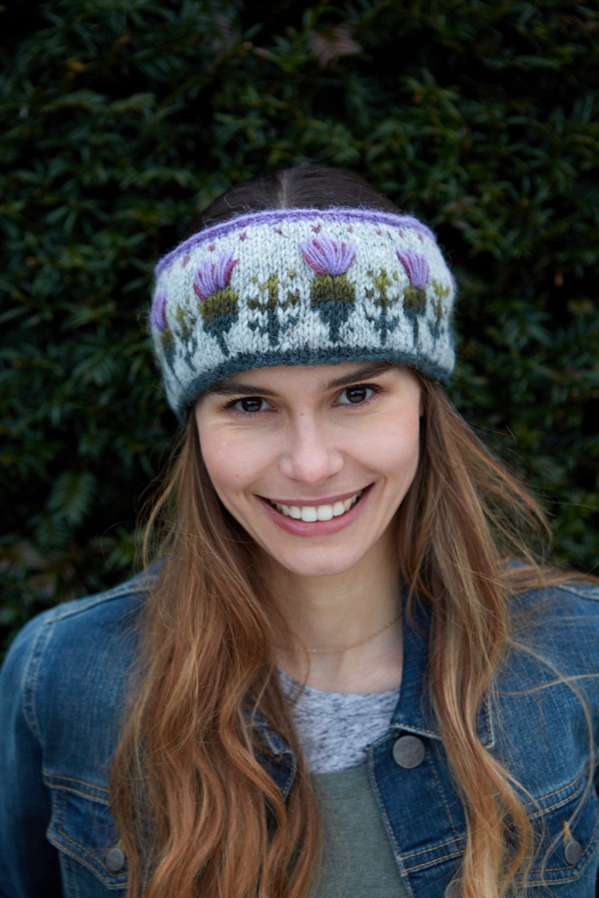 Pachamama Thistle Headband, with embroidered purple thistles; product view 4.