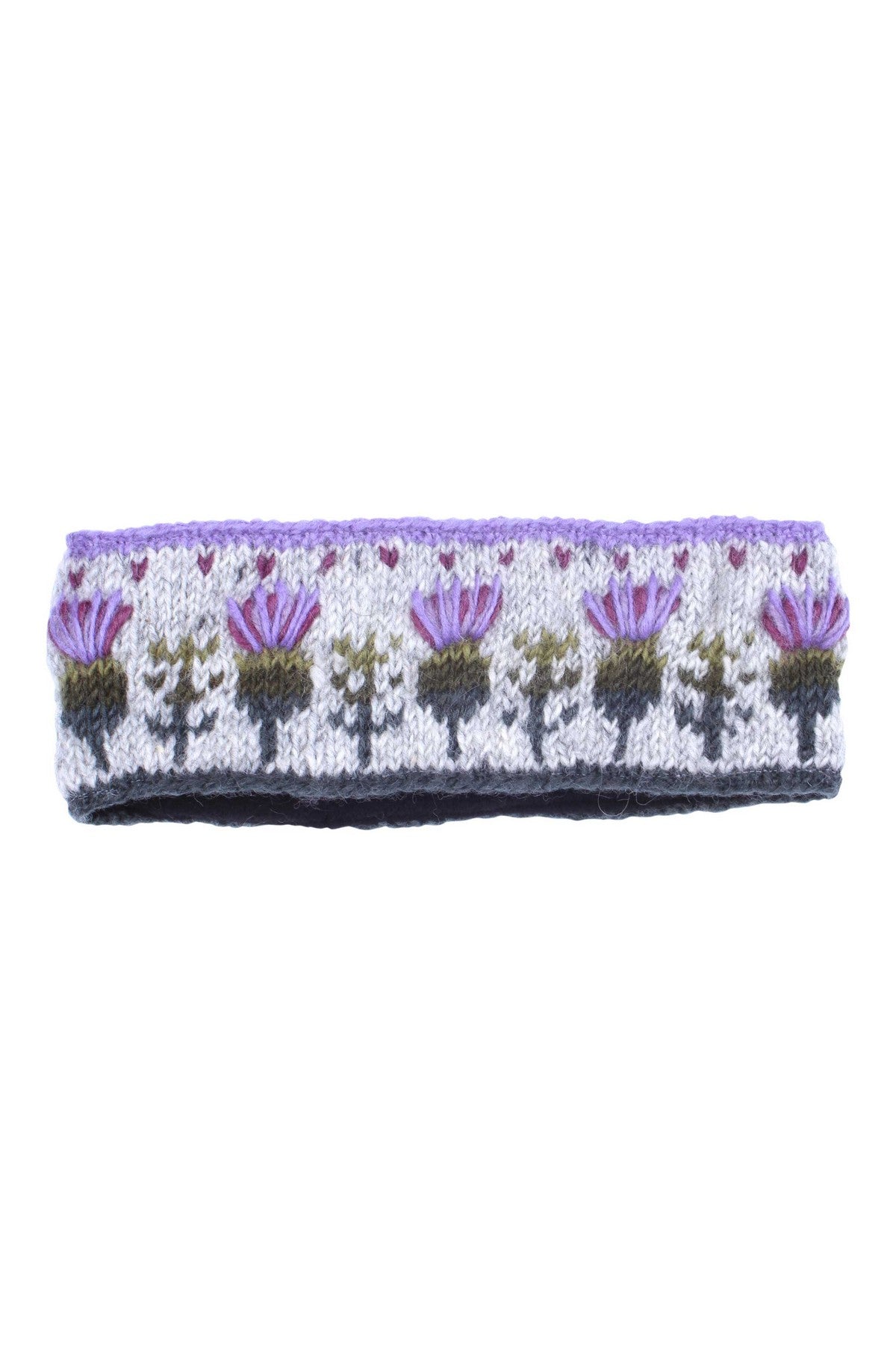Pachamama Thistle Headband, with embroidered purple thistles; product view 5.