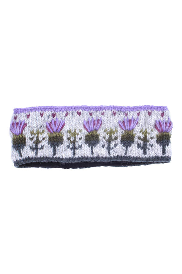 Pachamama Thistle Headband, with embroidered purple thistles; product view 5.
