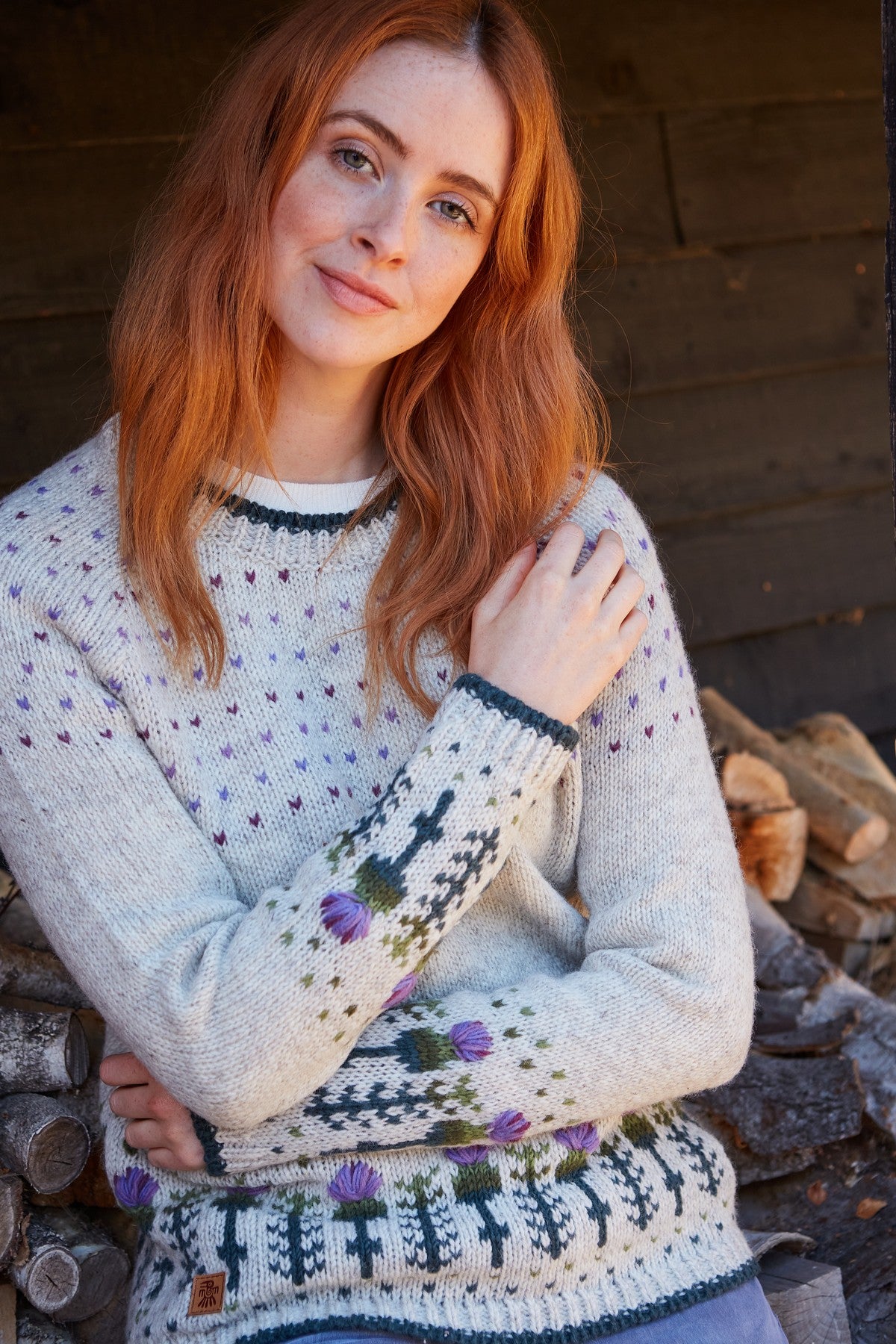 Pachamama Thistle Sweater, with embroidered purple thistles; product view 2.