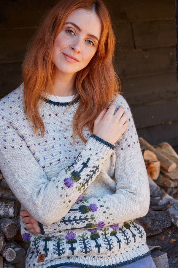 Pachamama Thistle Sweater, with embroidered purple thistles; product view 2.