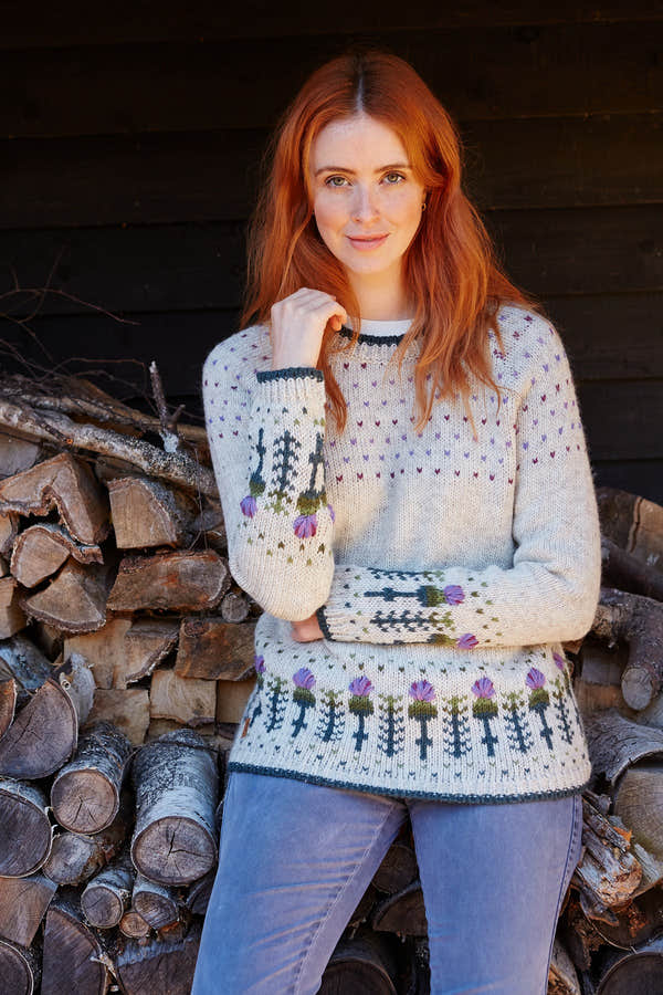 Pachamama Thistle Sweater, with embroidered purple thistles; product view 3.