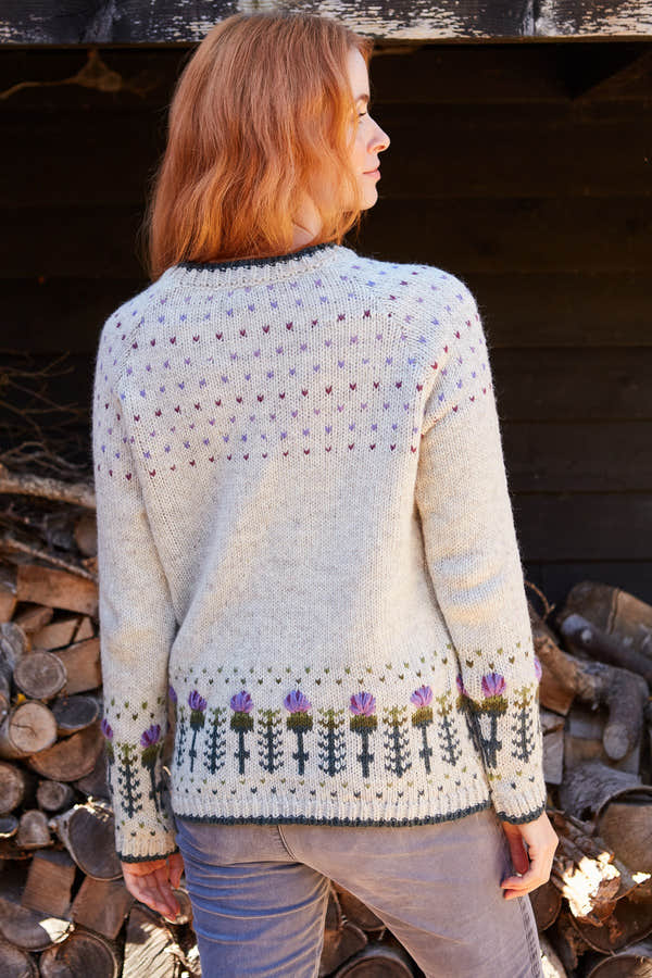 Pachamama Thistle Sweater, with embroidered purple thistles; product view 4.
