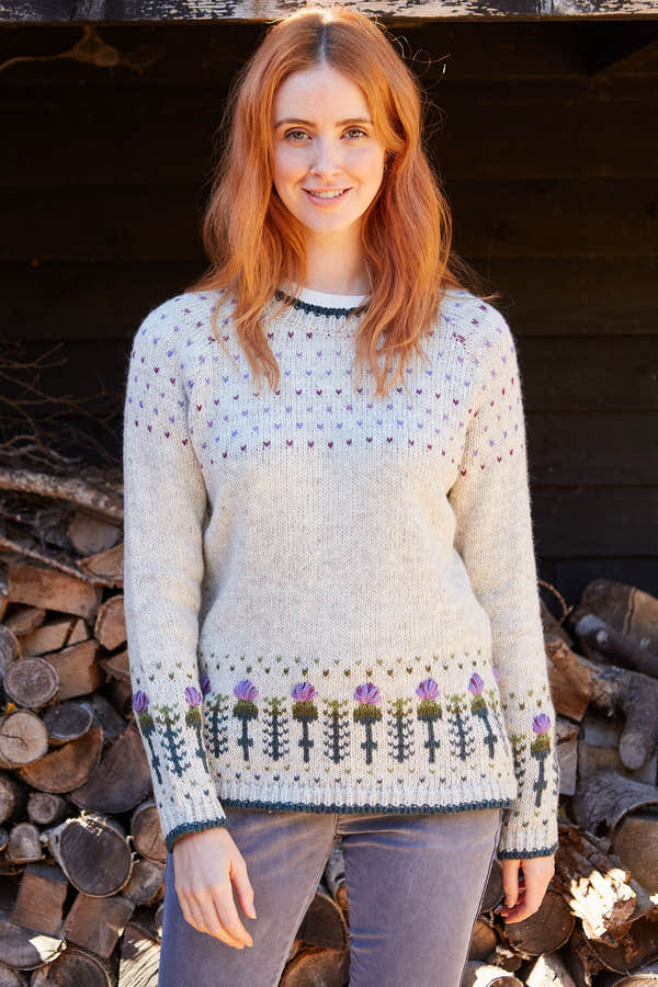 Pachamama Thistle Sweater, with embroidered purple thistles; product view 5.