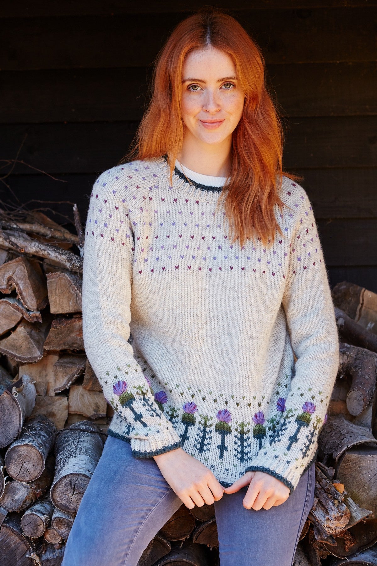 Pachamama Thistle Sweater, with embroidered purple thistles; product view.