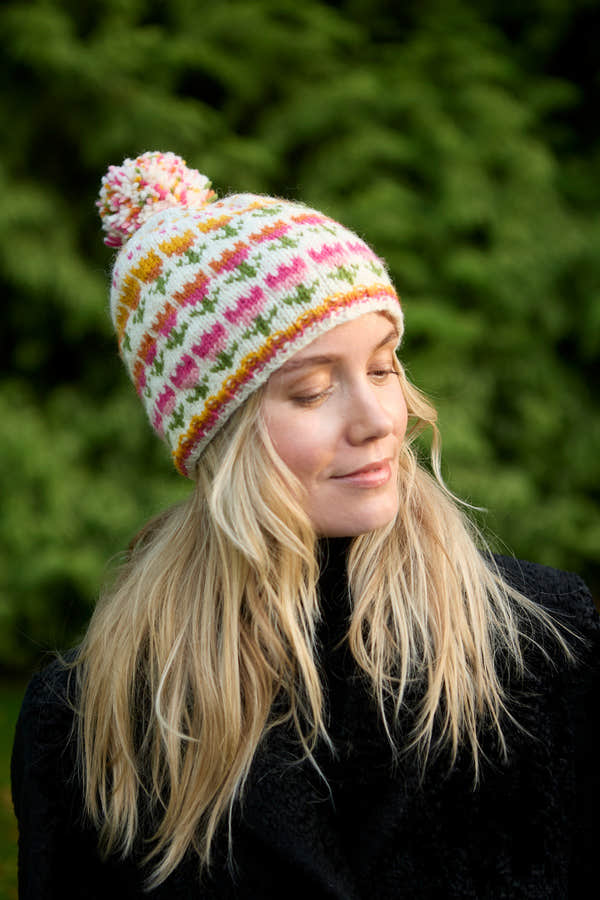 Pachamama Tulip Bobble Beanie, with bright tulip motifs; product view 6.