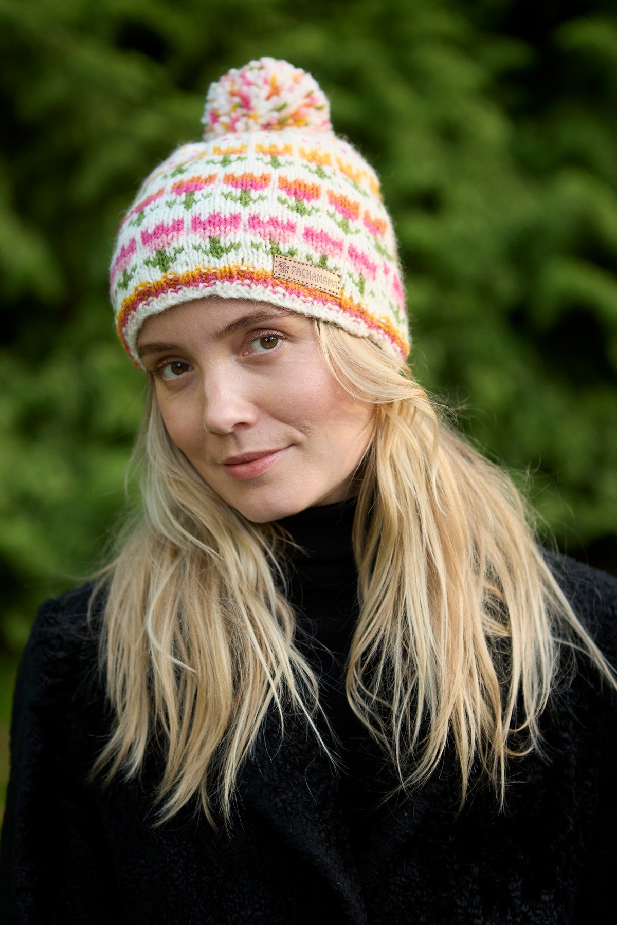 Pachamama Tulip Bobble Beanie, with bright tulip motifs; product view 7.