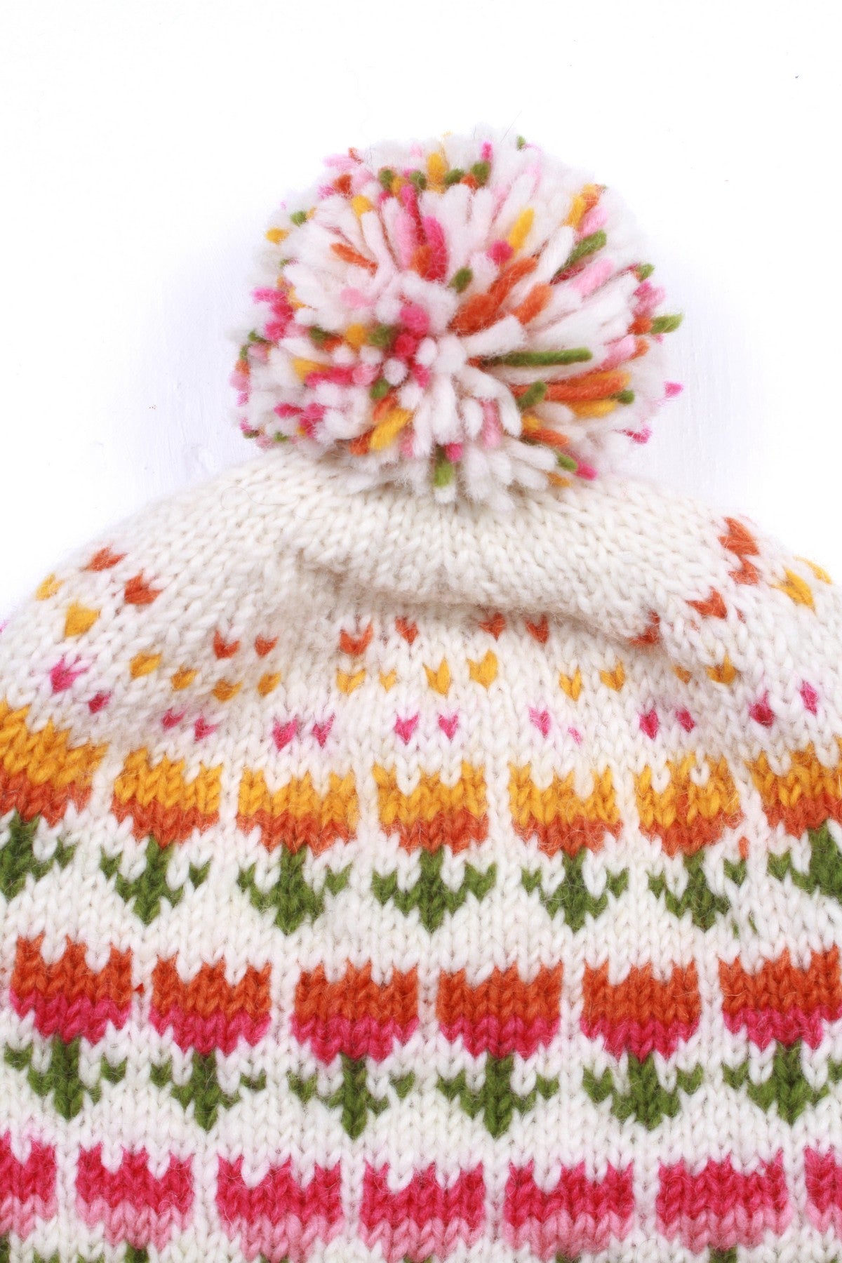 Pachamama Tulip Bobble Beanie, with bright tulip motifs; product view 8.