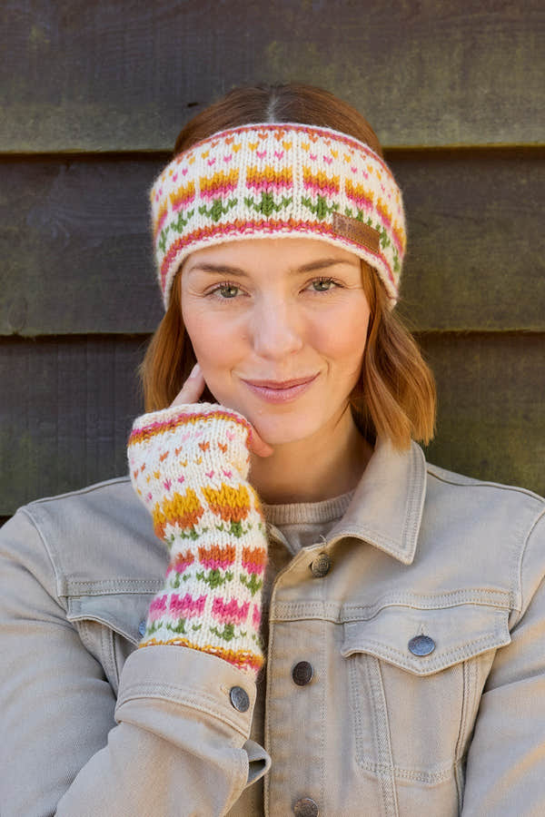 Pachamama Tulip Handwarmer, with bright tulip motifs; product view 2.