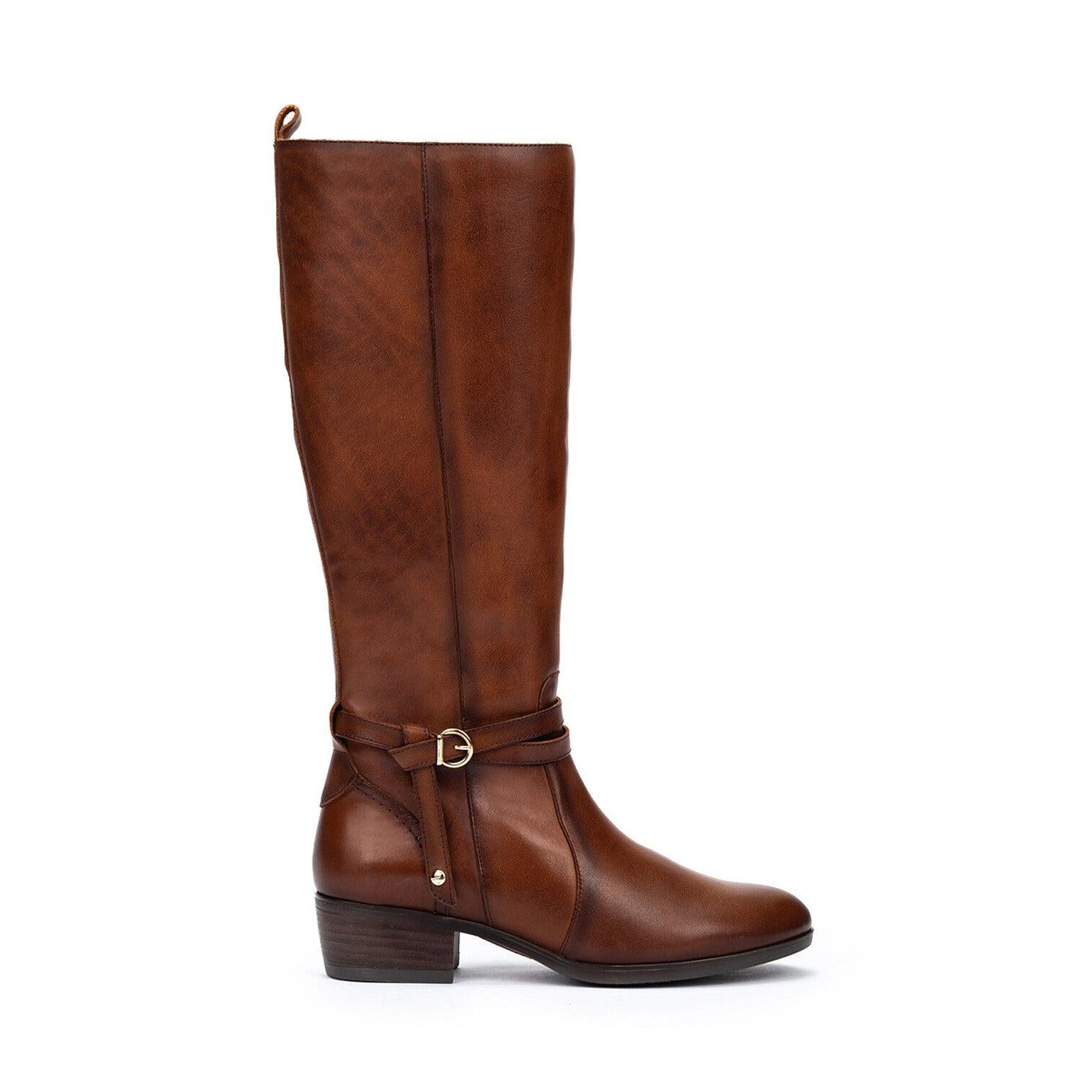 Pikolinos Daroca W1U-9764 Ladies Chocolate Brown Leather Side Zip Heeled Knee High Boots, side profile product view.