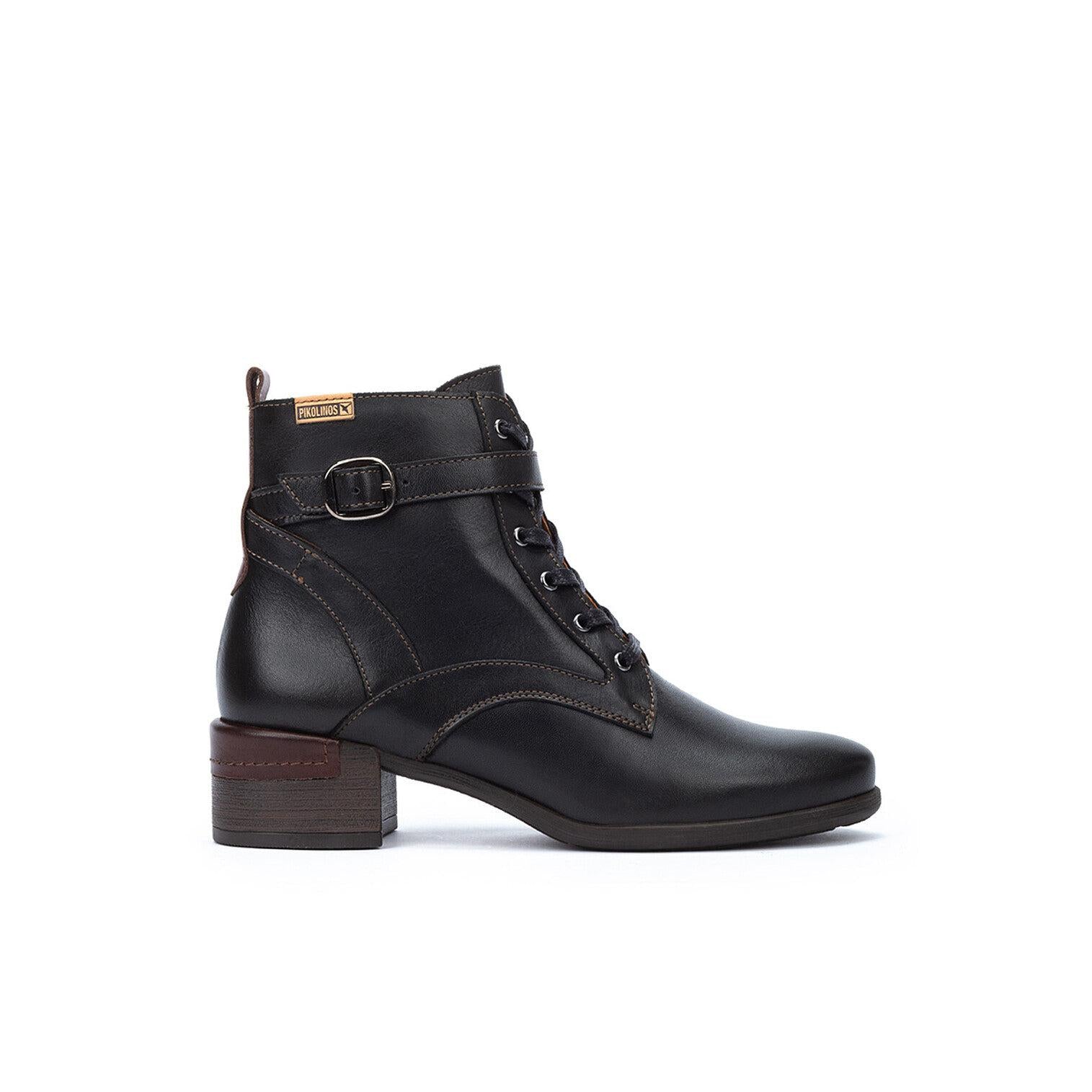 Pikolinos Malaga W6W-8996C1 Ladies Black Leather Zip & Lace Heeled Ankle Boots, side profile product view.