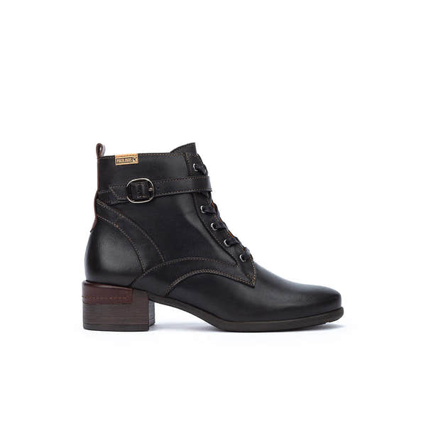 Pikolinos Malaga W6W-8996C1 Ladies Black Leather Zip & Lace Heeled Ankle Boots, side profile product view.
