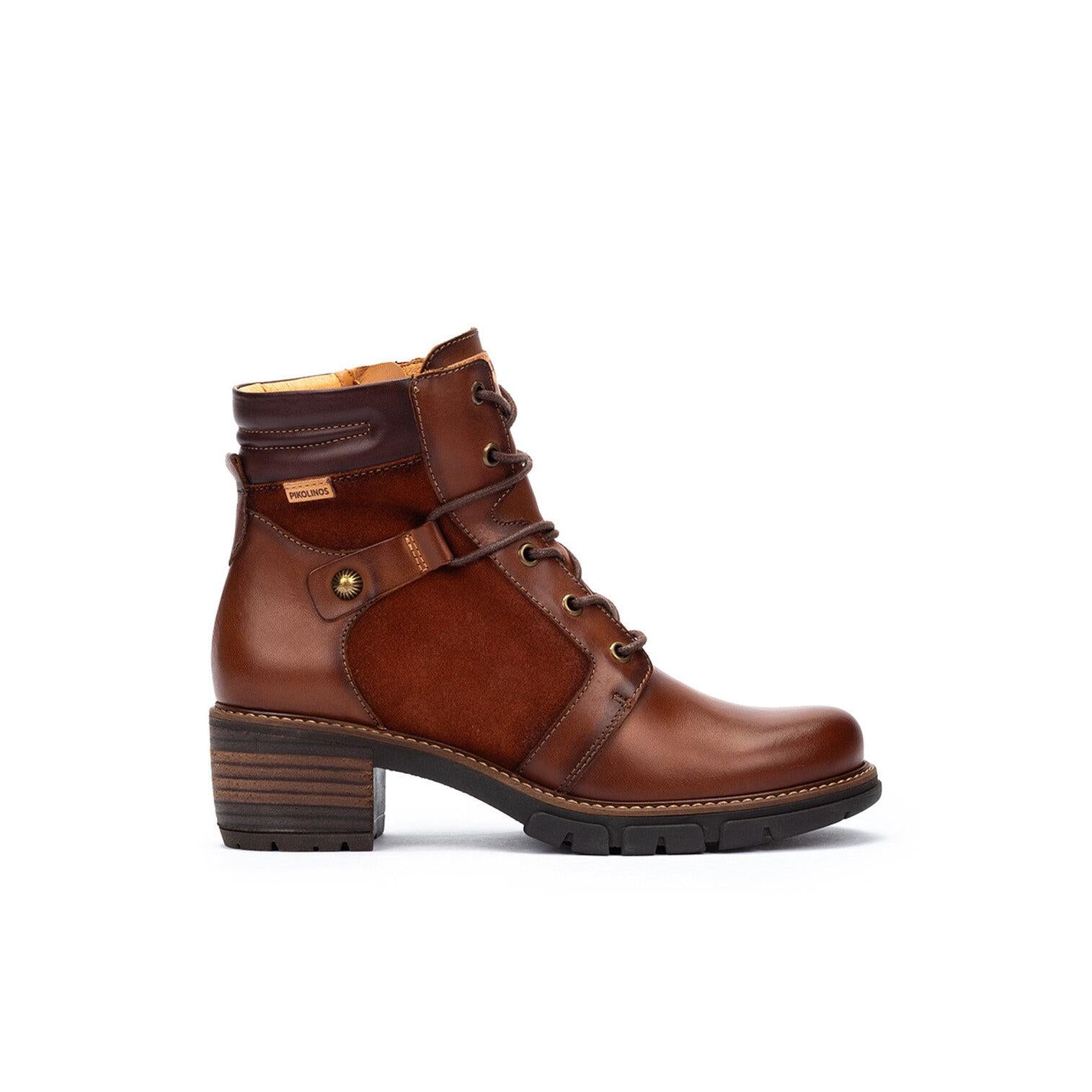 Pikolinos San Sebastia W1T-8979C1 Ladies Chocolate Brown Leather Zip & Lace Heeled Ankle Boots, side profile product view.