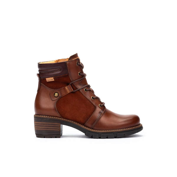 Pikolinos San Sebastia W1T-8979C1 Ladies Chocolate Brown Leather Zip & Lace Heeled Ankle Boots, side profile product view.