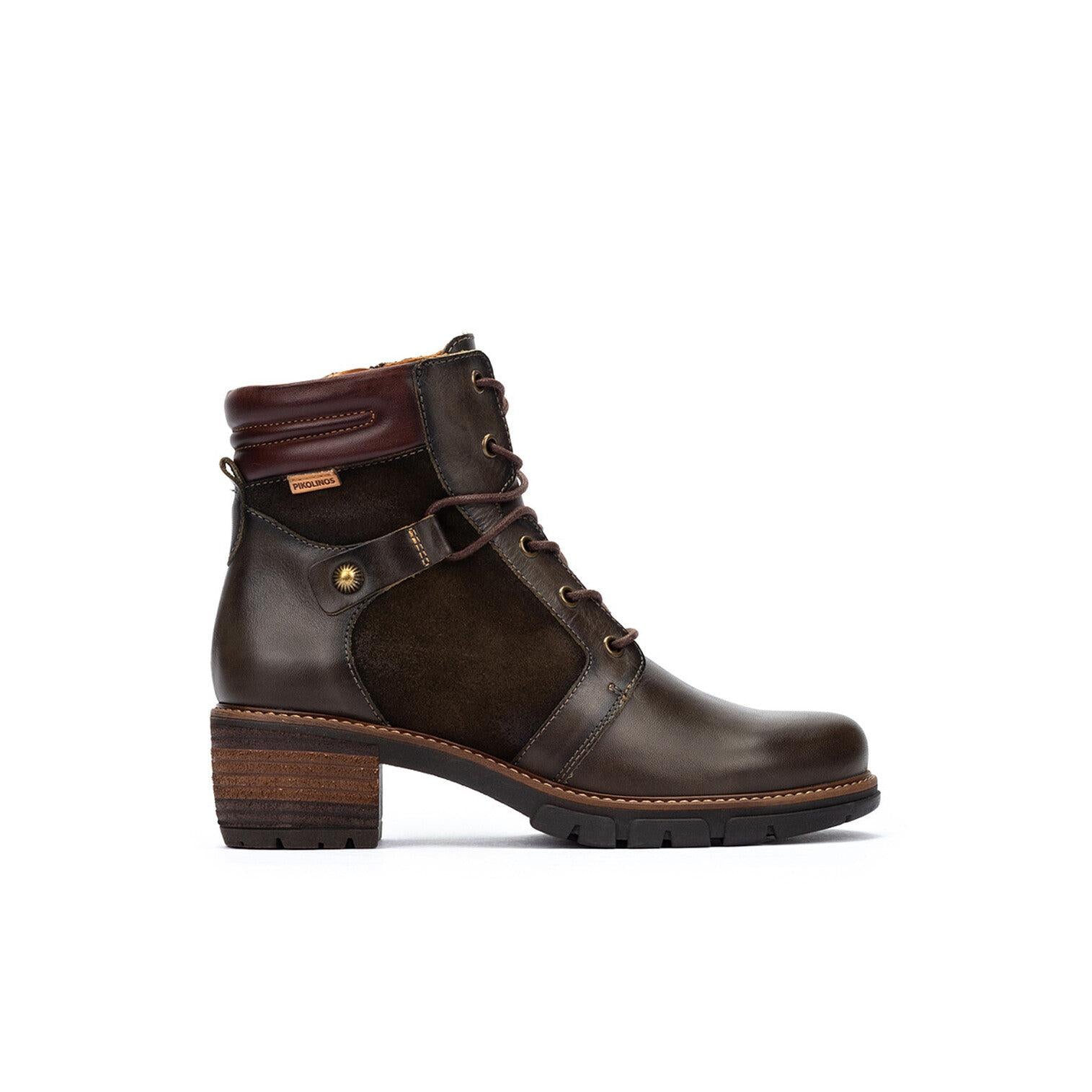 Pikolinos San Sebastia W1T-8979C1 Ladies Forest Green Leather Zip & Lace Heeled Ankle Boots, side profile product view.