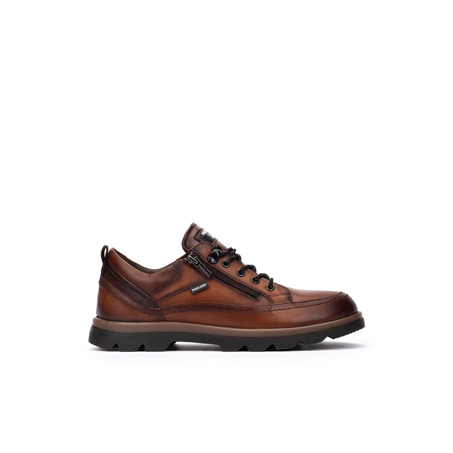 Pikolinos Vigo M3M-4163C1 Mens Chocolate Brown Leather Zip & Lace Shoes, side profile product view.