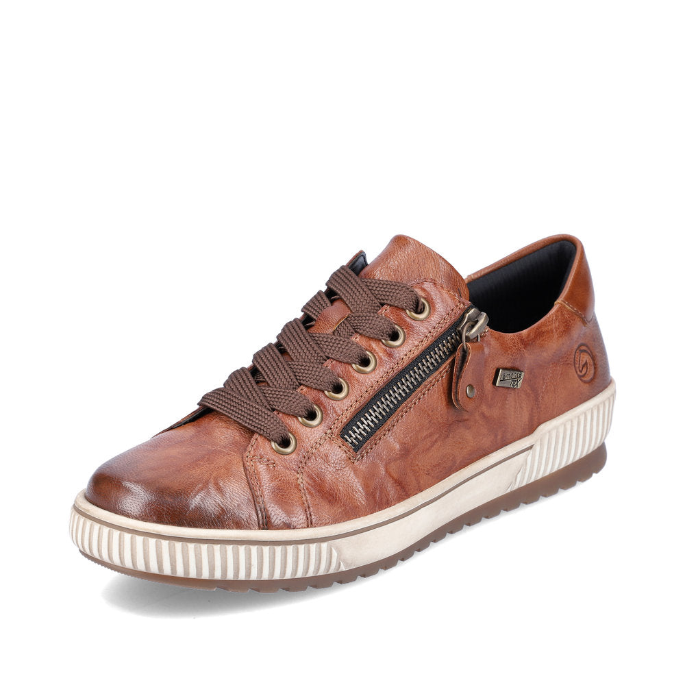 Remonte D0700-22 women's wide brown leather water resistant zip & lace shoes, front three-quarter view.