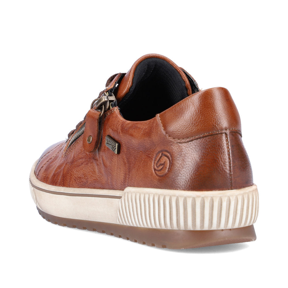 Remonte D0700-22 women's wide brown leather water resistant zip & lace shoes, rear three-quarter view.