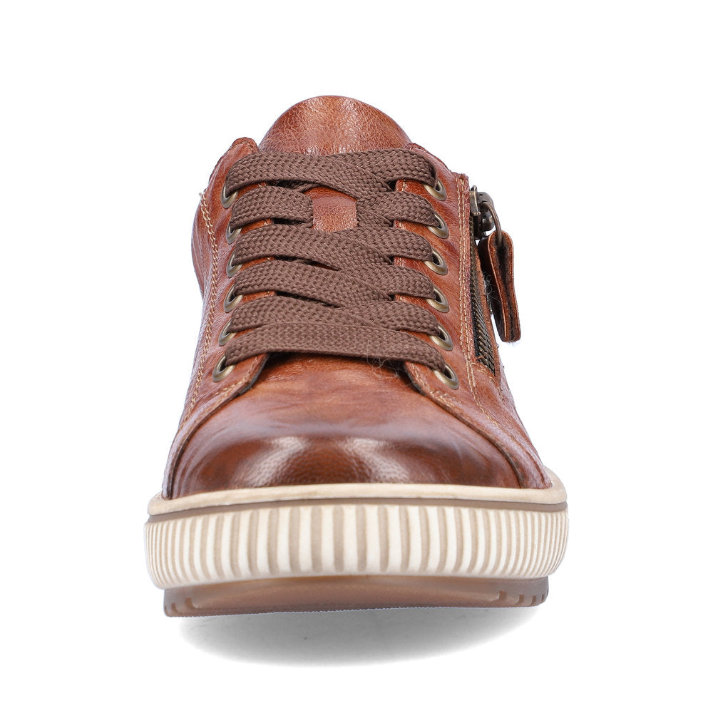 Remonte D0700-22 women's wide brown leather water resistant zip & lace shoes, front view.