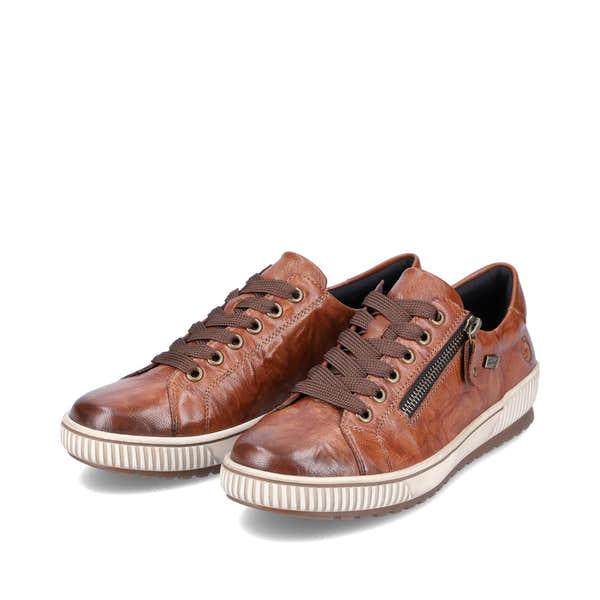 Remonte D0700-22 women's wide brown leather water resistant zip & lace shoes, paired three-quarter view.