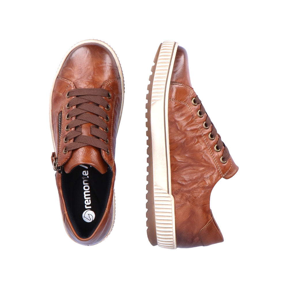 Remonte D0700-22 women's wide brown leather water resistant zip & lace shoes, two-angle product view.