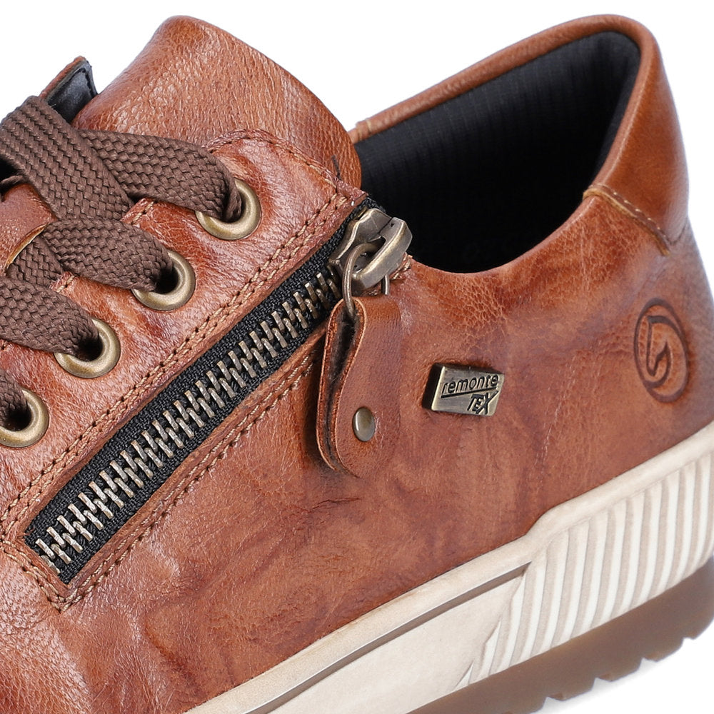 Remonte D0700-22 women's wide brown leather water resistant zip & lace shoes, lifestyle view.