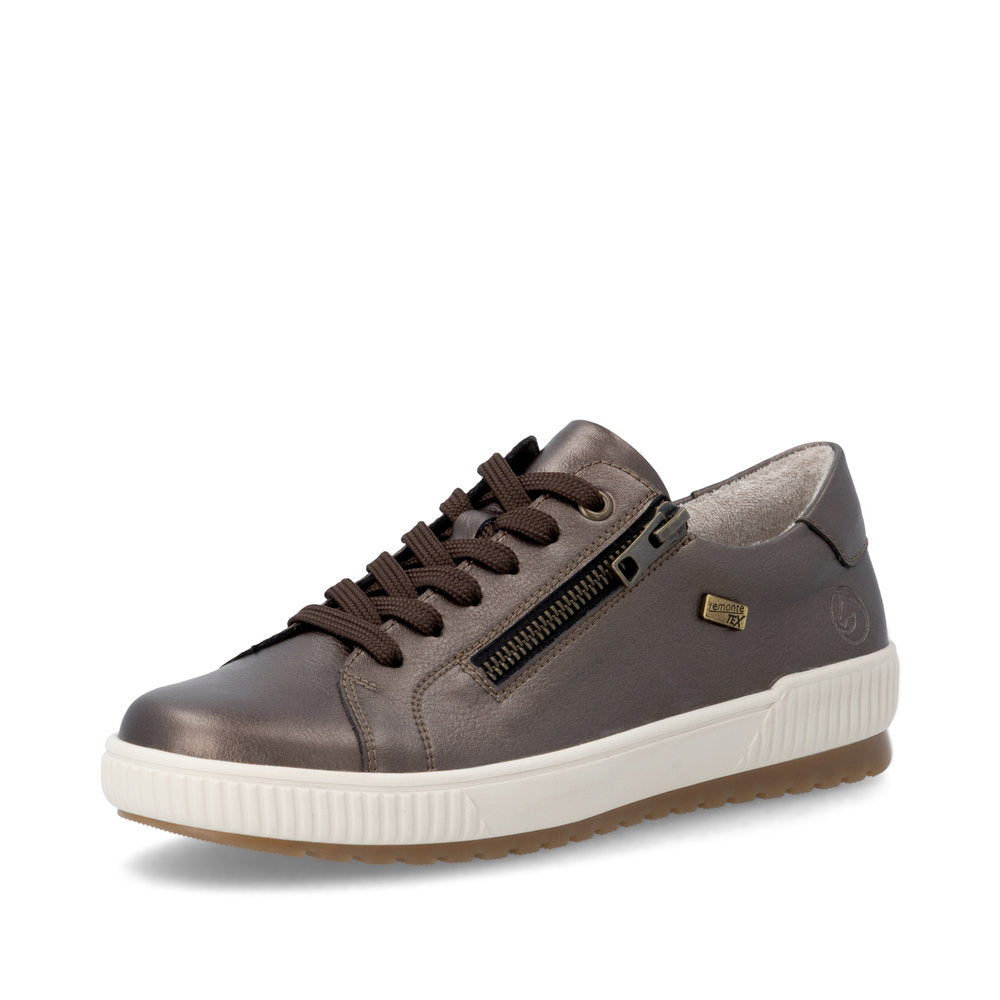 Remonte D0700-90 women's wide grey leather water resistant zip & lace shoes, front three-quarter view.