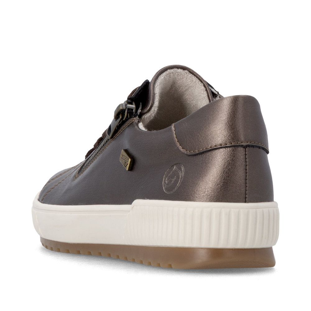 Remonte D0700-90 women's wide grey leather water resistant zip & lace shoes, rear three-quarter view.