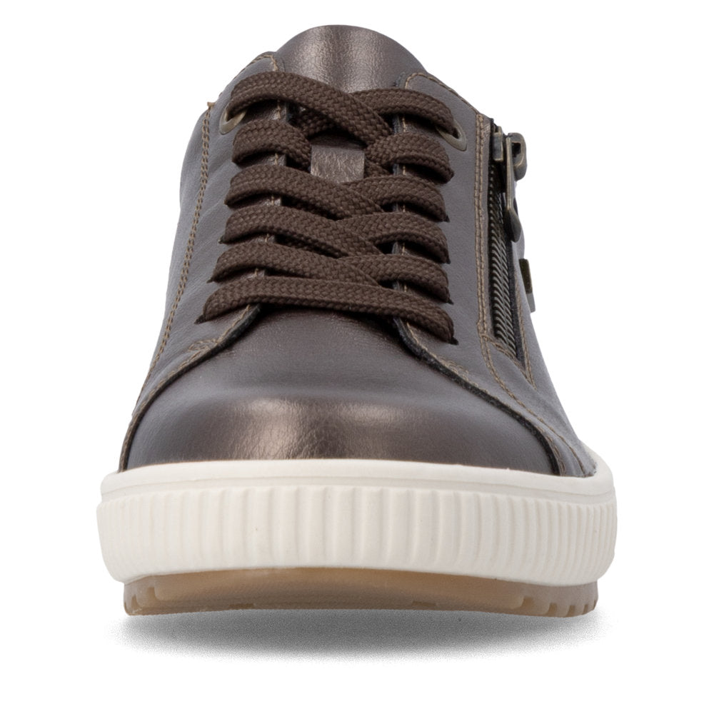 Remonte D0700-90 women's wide grey leather water resistant zip & lace shoes, front view.