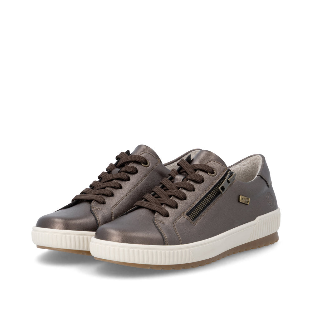 Remonte D0700-90 women's wide grey leather water resistant zip & lace shoes, paired three-quarter view.